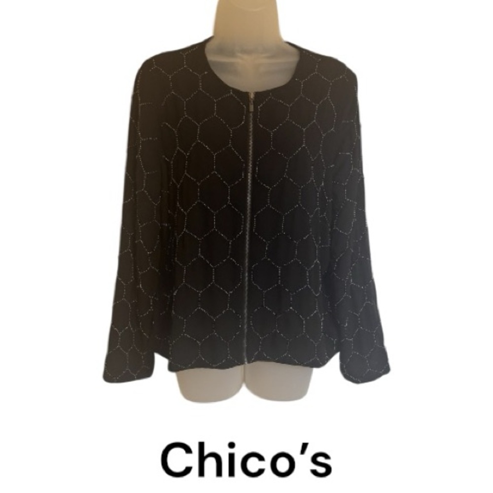 GORGEOUS Chico's Black Beaded Zip Front BLOUSE/JACKET  FALL!    SMALL/MEDIUM  #L